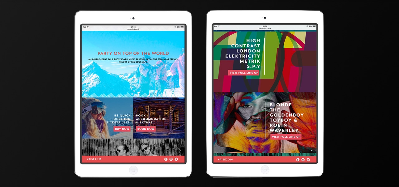 rise, festival, wasteland, ski, france, les deux alps, sigma, live, music, dancing, skiing, mountains, website design, branding, programme, design