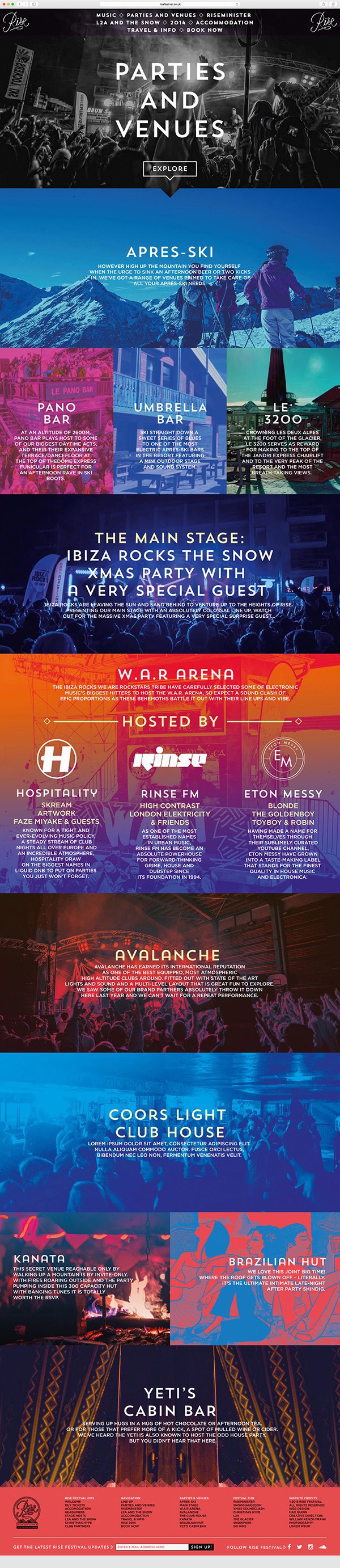 rise, festival, wasteland, ski, france, les deux alps, sigma, live, music, dancing, skiing, mountains, website design, branding, programme, design