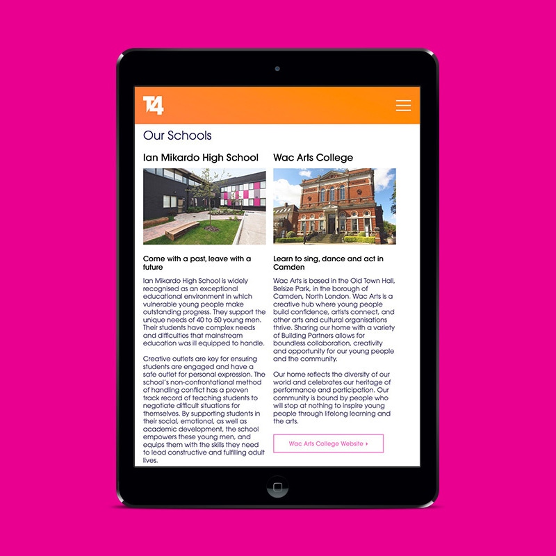 t4, trust, schools, academy, london, bromley by bow, east london, design, branding, website design