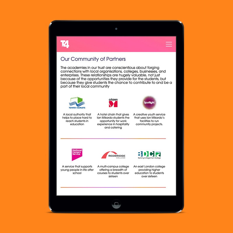 t4, trust, schools, academy, london, bromley by bow, east london, design, branding, website design